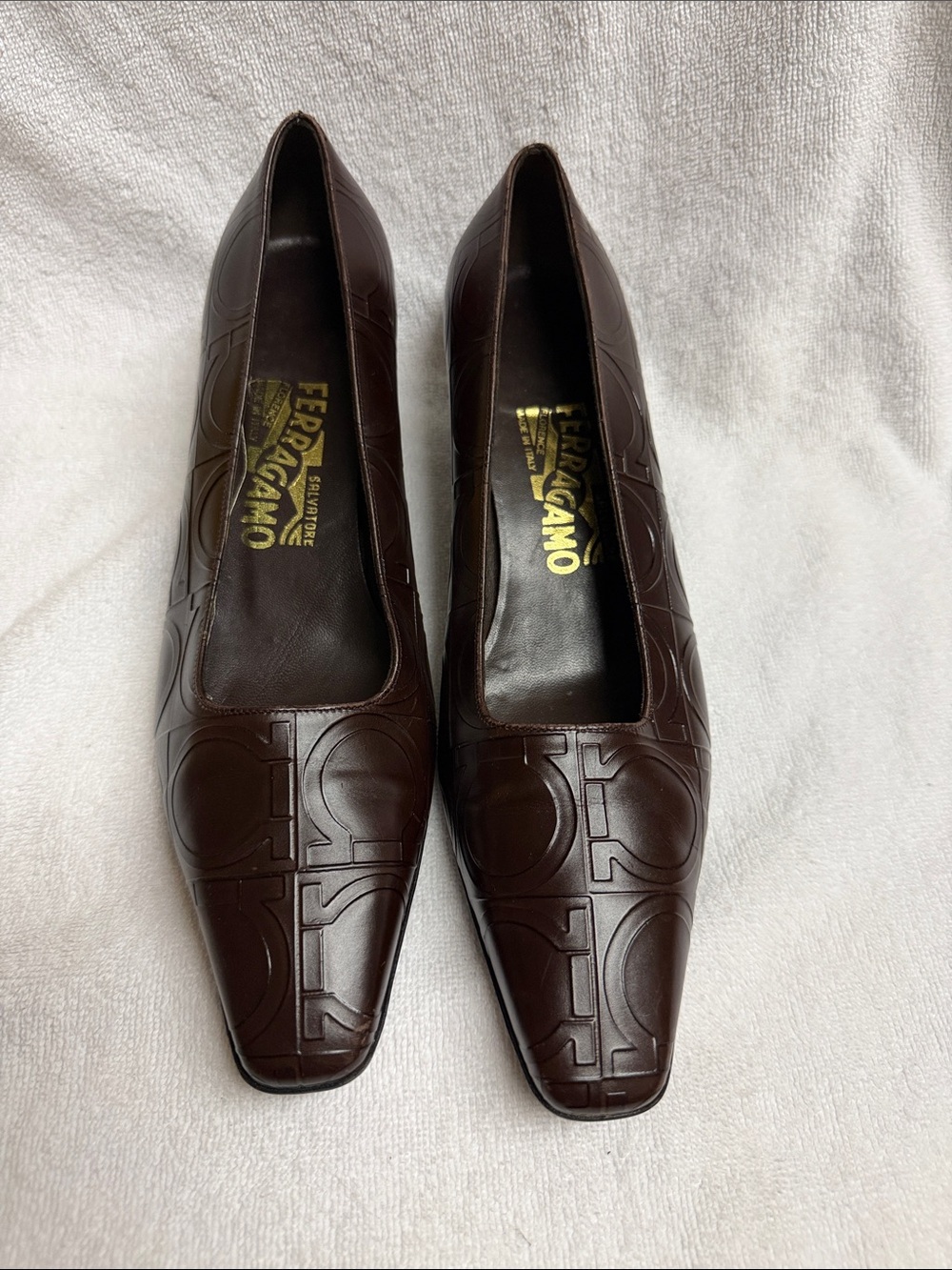 Salvatore Ferragamo Dark Brown Embossed Leather Square-Toe Pumps